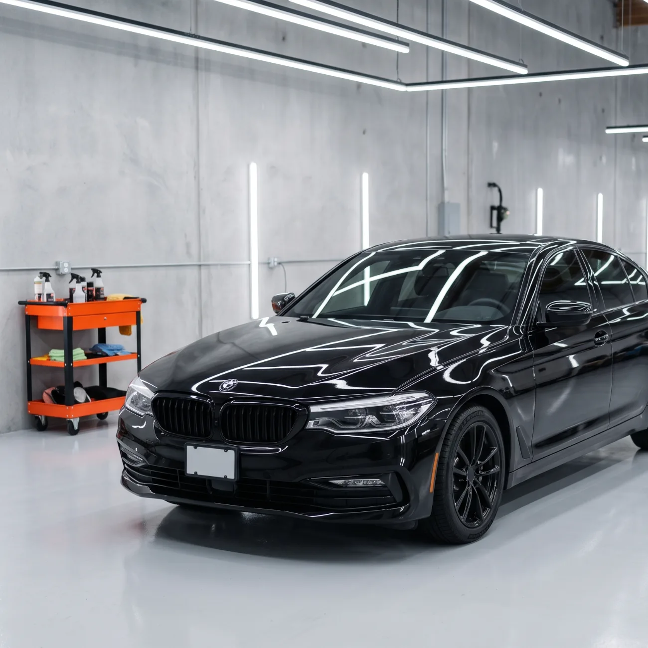 A gloss black sedan in the Glossworks studio