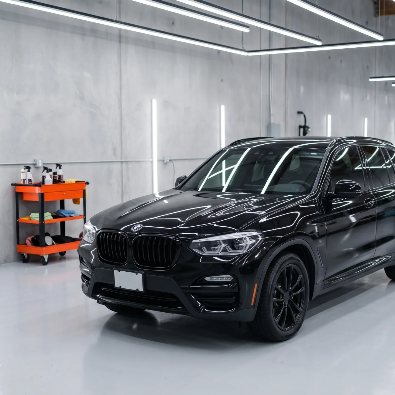 A gloss black SUV in the Glossworks studio