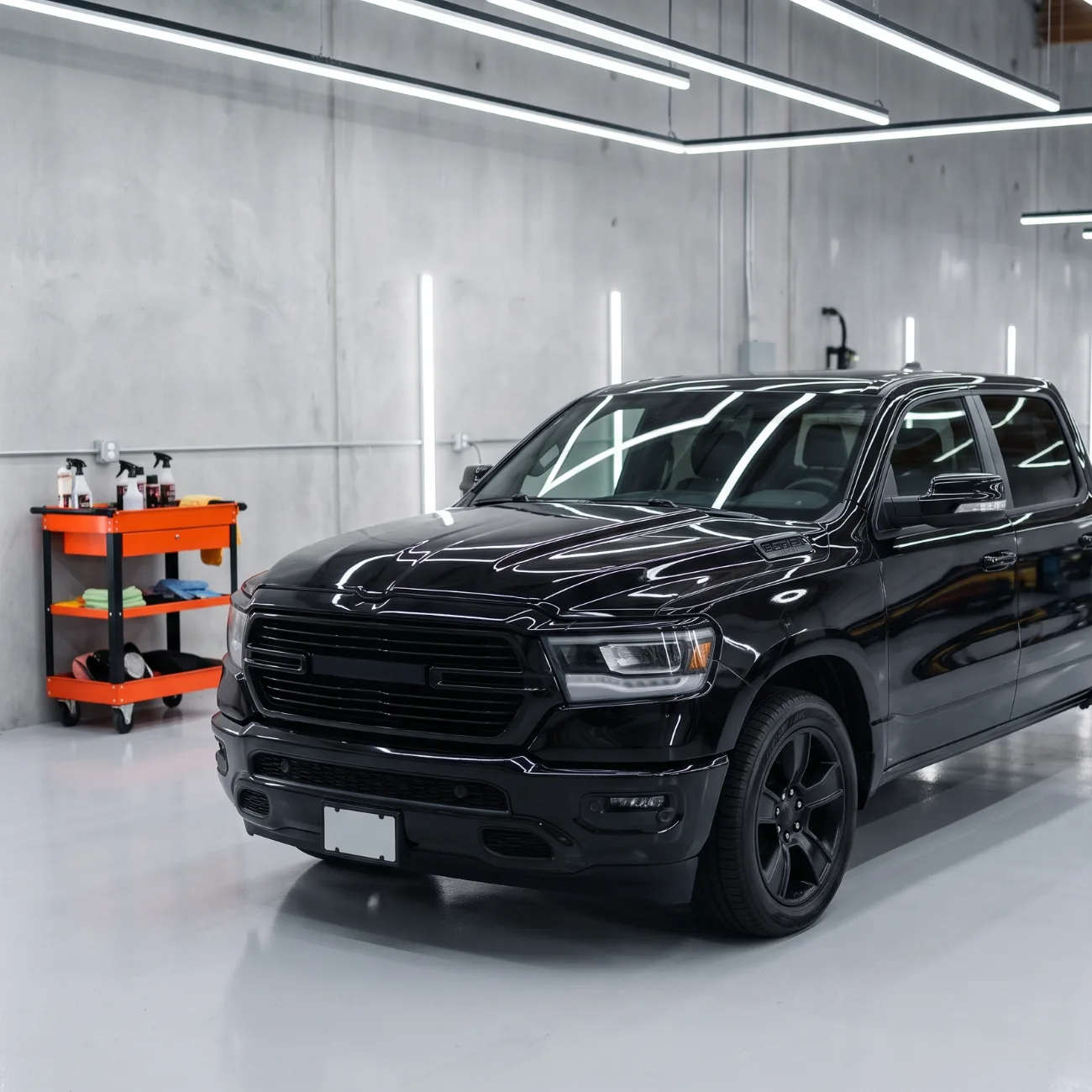 A gloss black pickup truck in the Glossworks studio