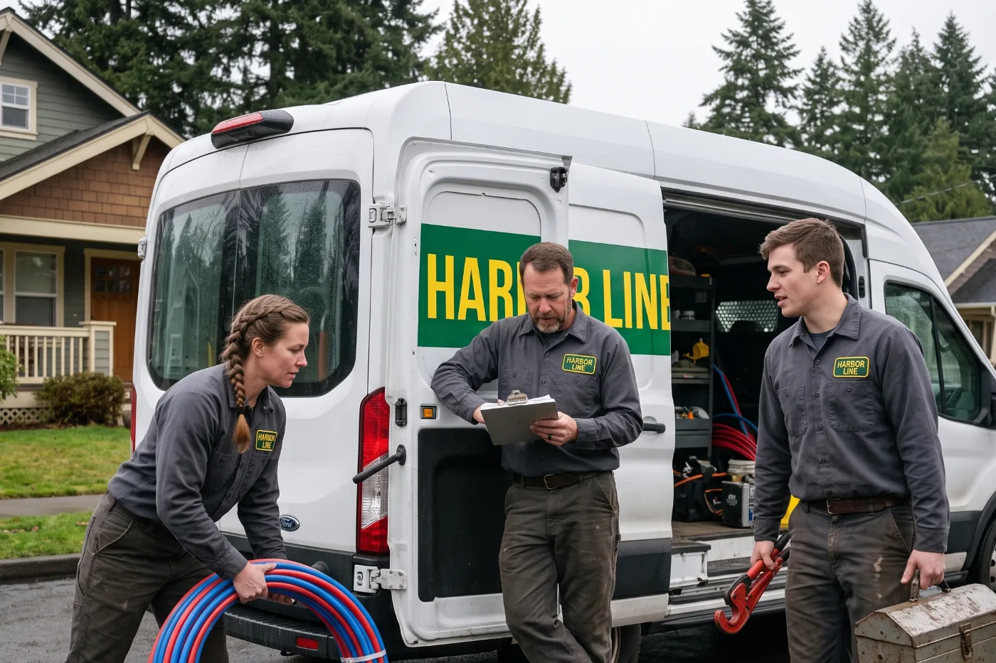 Three Harbor Line plumbers loading the van in the morning