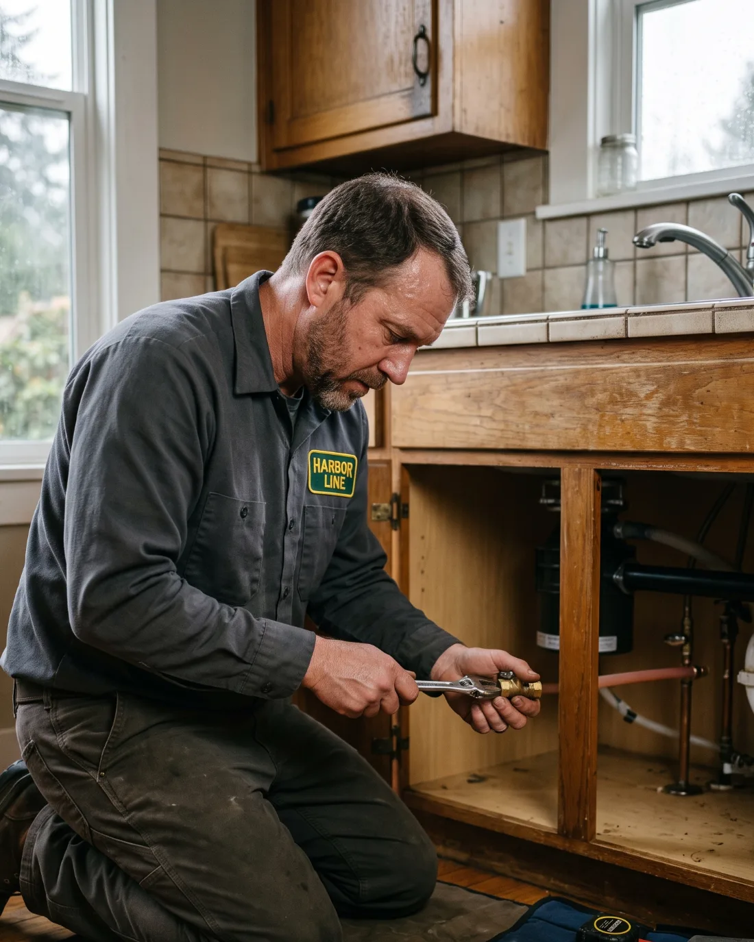 A Harbor Line plumber fitting a shutoff valve under a kitchen sink