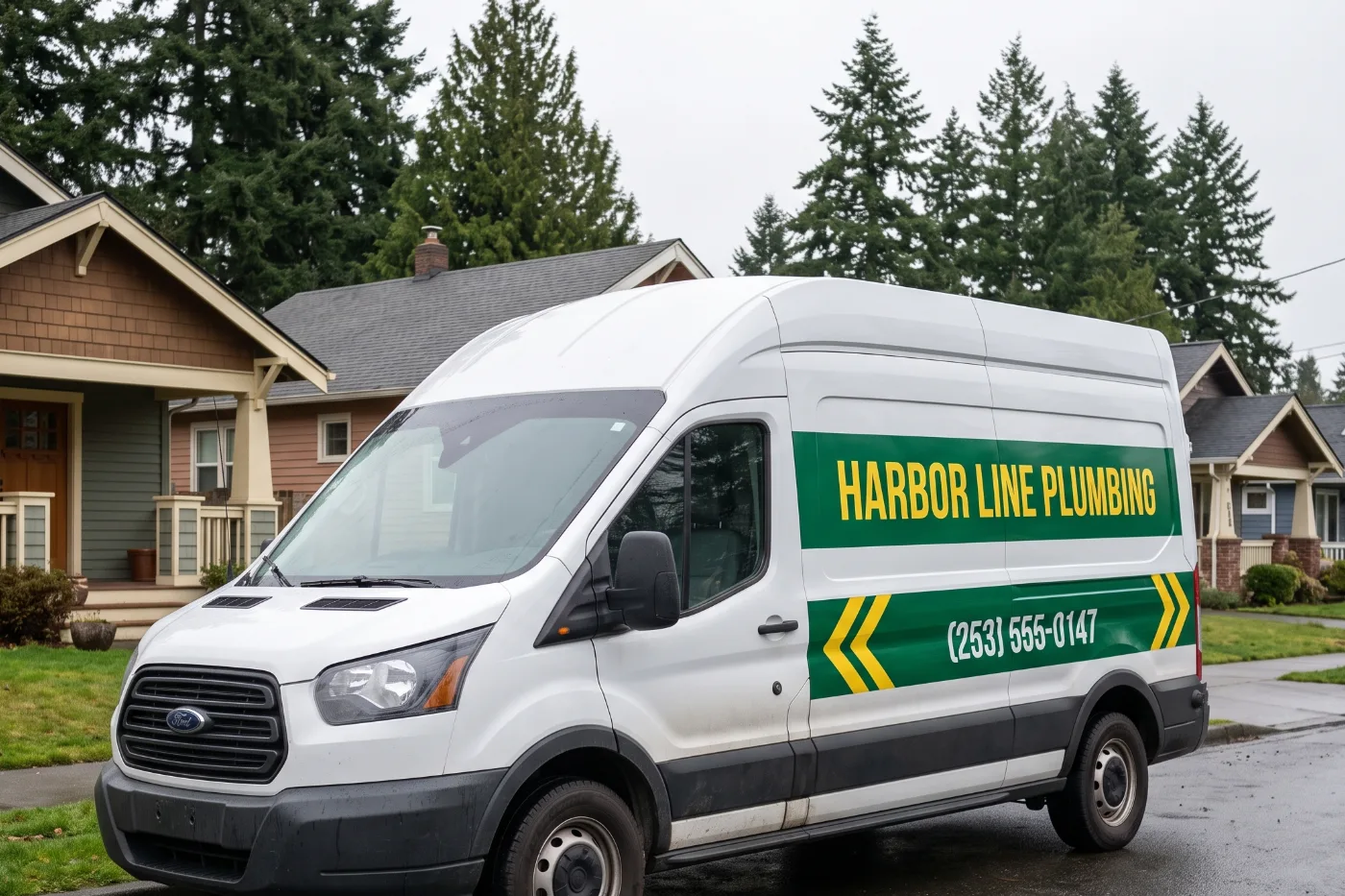 The Harbor Line Plumbing van parked on a Tacoma street