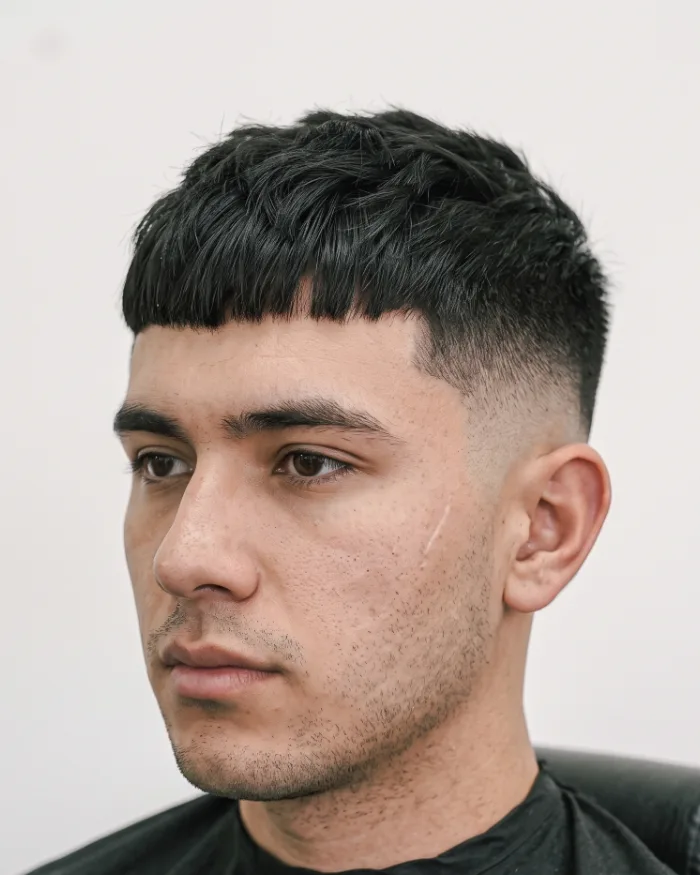A textured crop with a blunt fringe and high fade