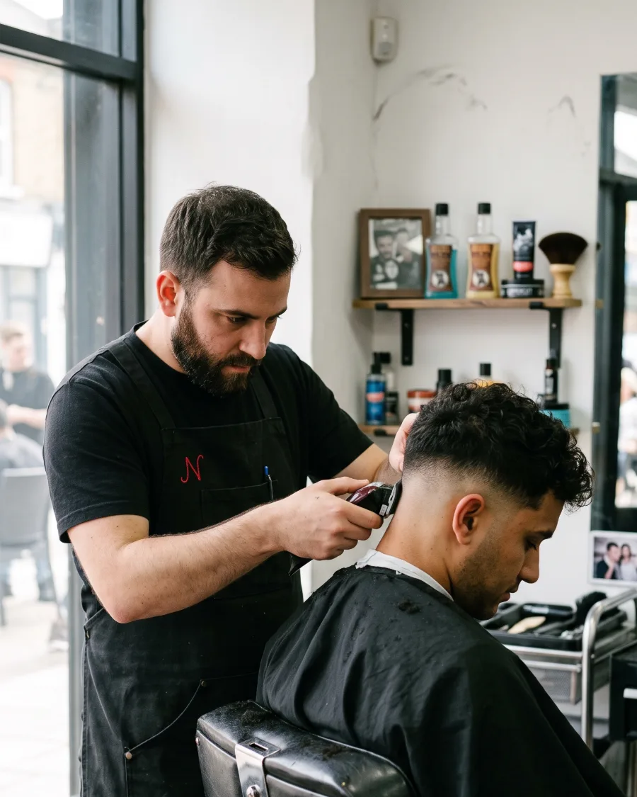 A barber finishing a skin fade