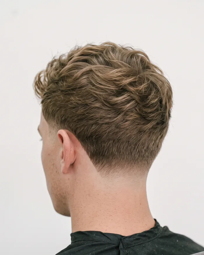 A low taper with a textured top, seen from behind
